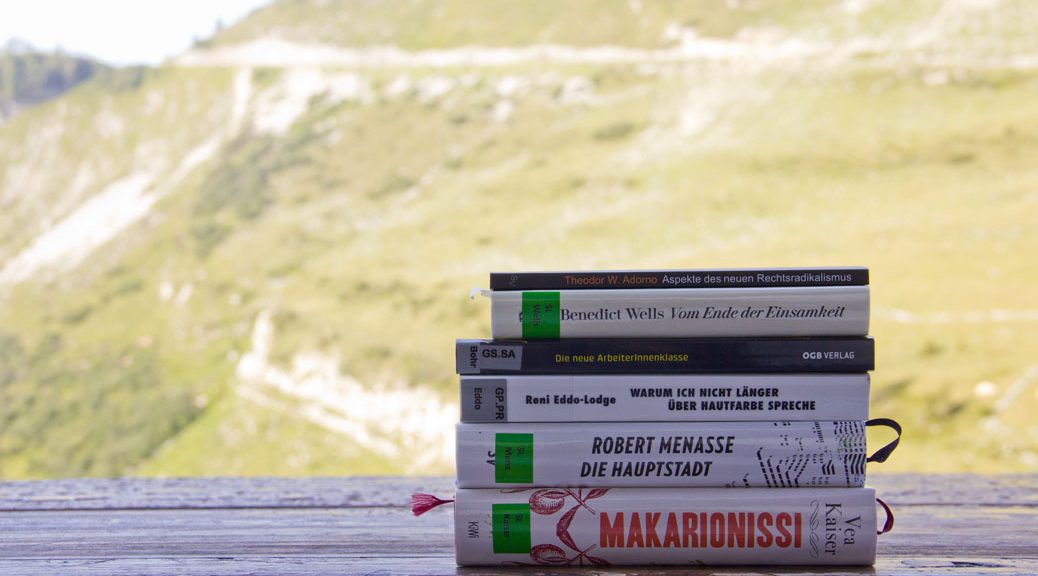 bücherstapel vor berg