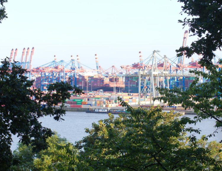 Blick auf Hafenindustrie am anderen Elbufer, im Vordergrund einrahmende Laubbäume